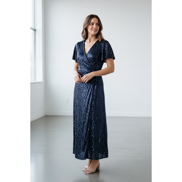 DMFashion Navy Sequin Wrap Maxi Dress Size Small Flutter Sleeve Formal Evening - Picture 6 of 16